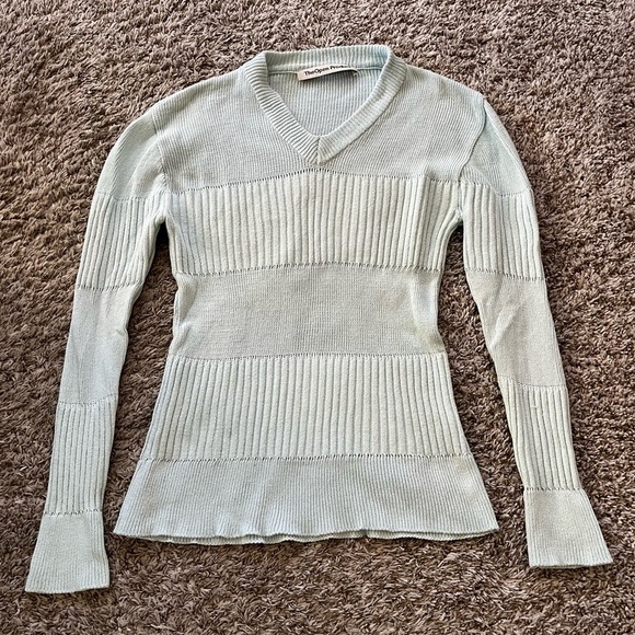 TheOpen Product Blue V Neck Ribbed Sweater Bell Sleeves Women's Size S - Picture 6 of 13